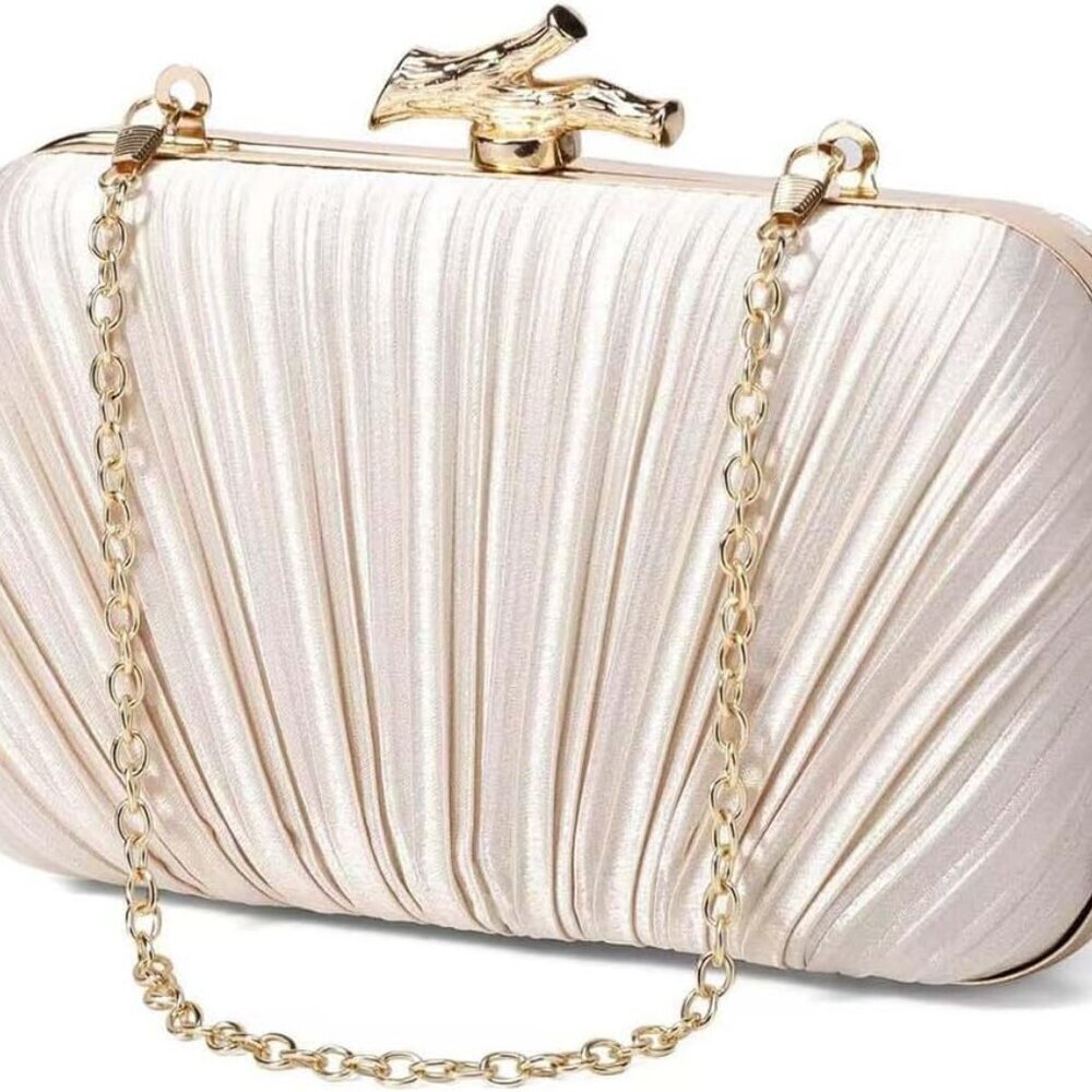 Gold Pleated Clutch Evening Bag with Detachable Chain - Perfect for Weddings